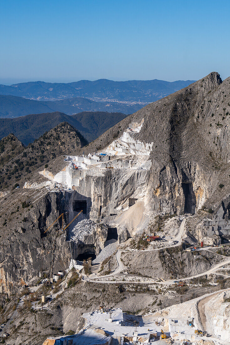 A view of the marble quarries of the Fantiscitti Basin near Carrara, Italy.