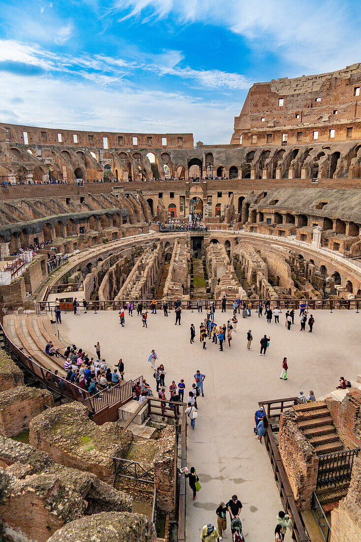 Interior of the Roman Colosseum or Flavian Amphitheater in Rome, Italy. The tunnels under the floor of the arena were called hypogeum.