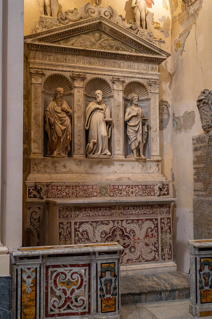 A marble altarpiece withh statues of St. John the Baptist & St. John the Evangelist in the Amalfi Duomo, Italy.