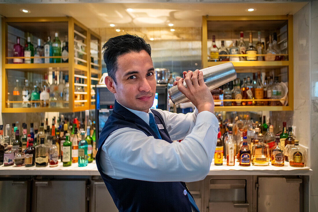 Cocktails bar in the bar inside of the Silversea Endeavor in the coast of Greenland