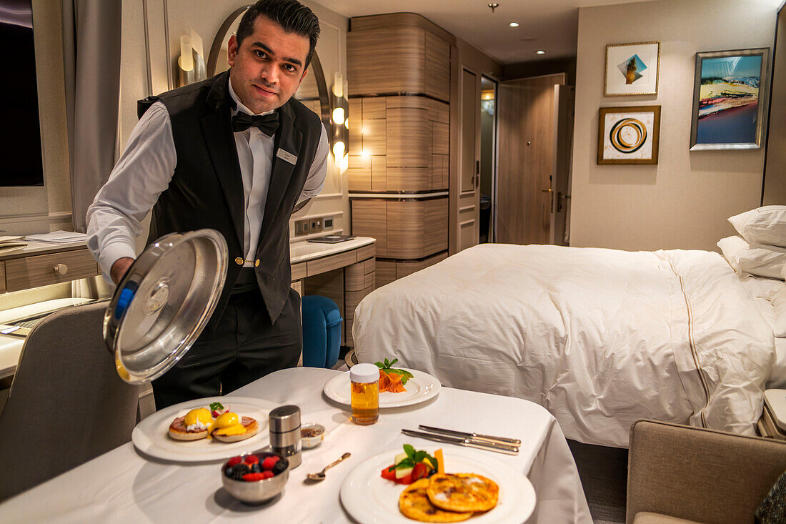 Breakfast in the room in the luxury Silversea Endeavor in the coast of Greenland