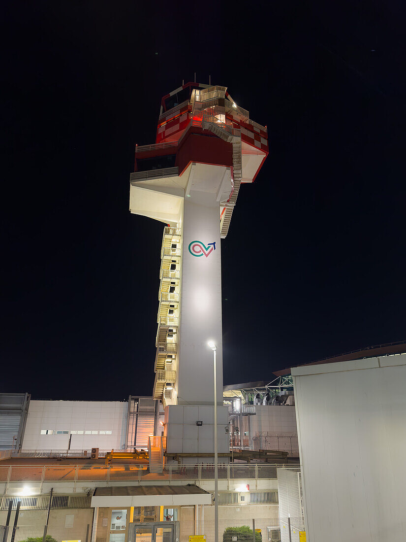 The air traffic control tower at Rome's Leonardo da Vinci International Airport in Fiumicino, Italy.