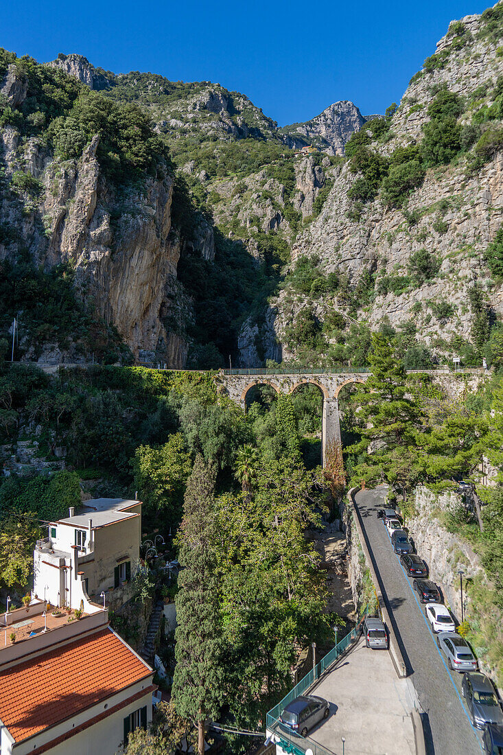 The road bridge above Marina di Praia, a resort area in the commune of Praiano on the Amalfi Coast of Italy.