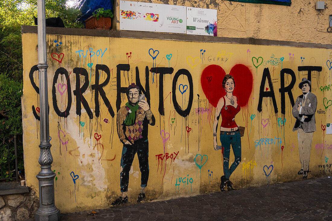 A modern art wall mural across from the Church of San Francesco in Sorrento, Italy.