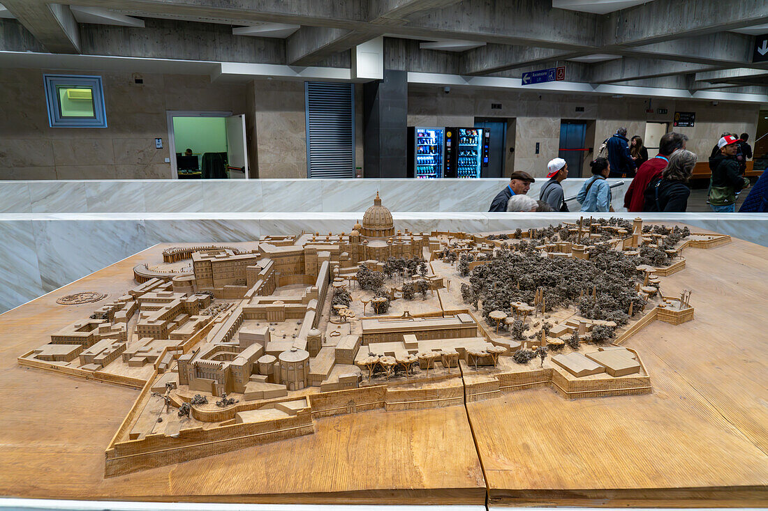 A scale model of the Vatican City in the entrance to the Vatican Museums in the Vatican City, Rome, Italy.