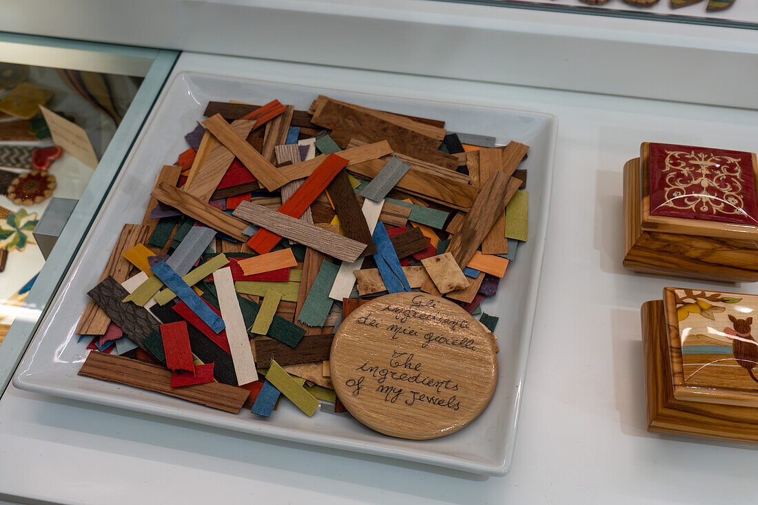 Strips of wood pieces for making inlaid and wood laminate art pieces in a workshop in Sorrento, Italy.