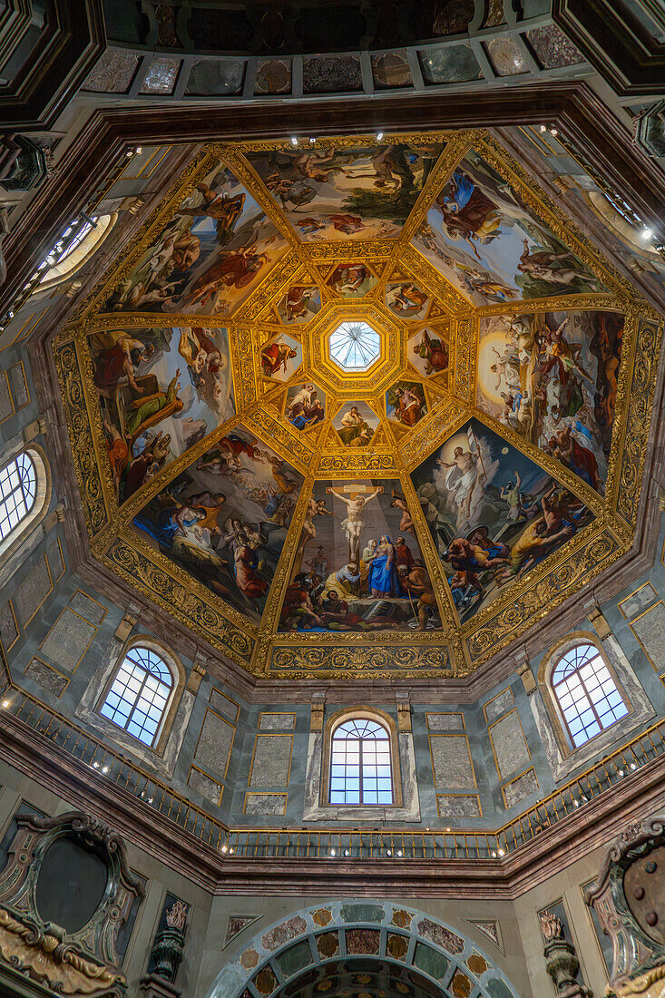 The cupola inside the dome of the Chapel of the Princes in the Medici Chapel Museum in Florence, Italy.