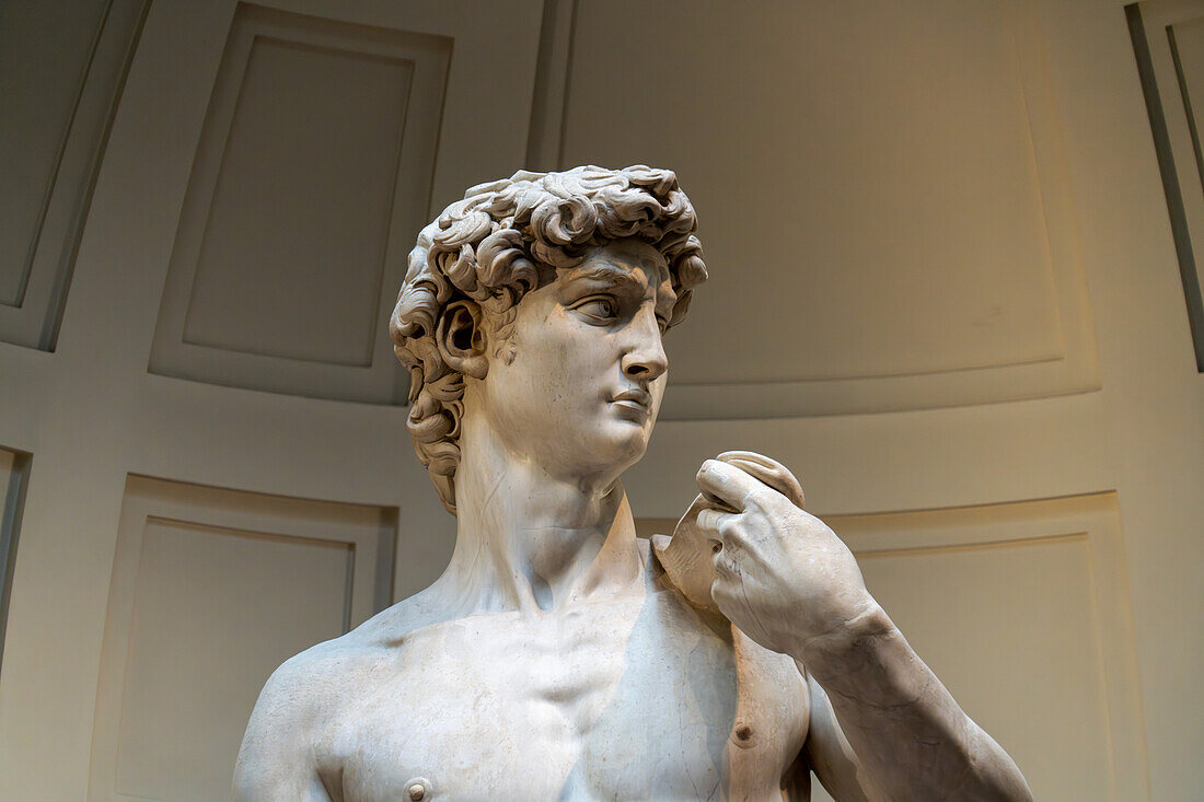 Detail of the original David statue by Michelangelo in the Accademia Gallery in Florence, Italy.