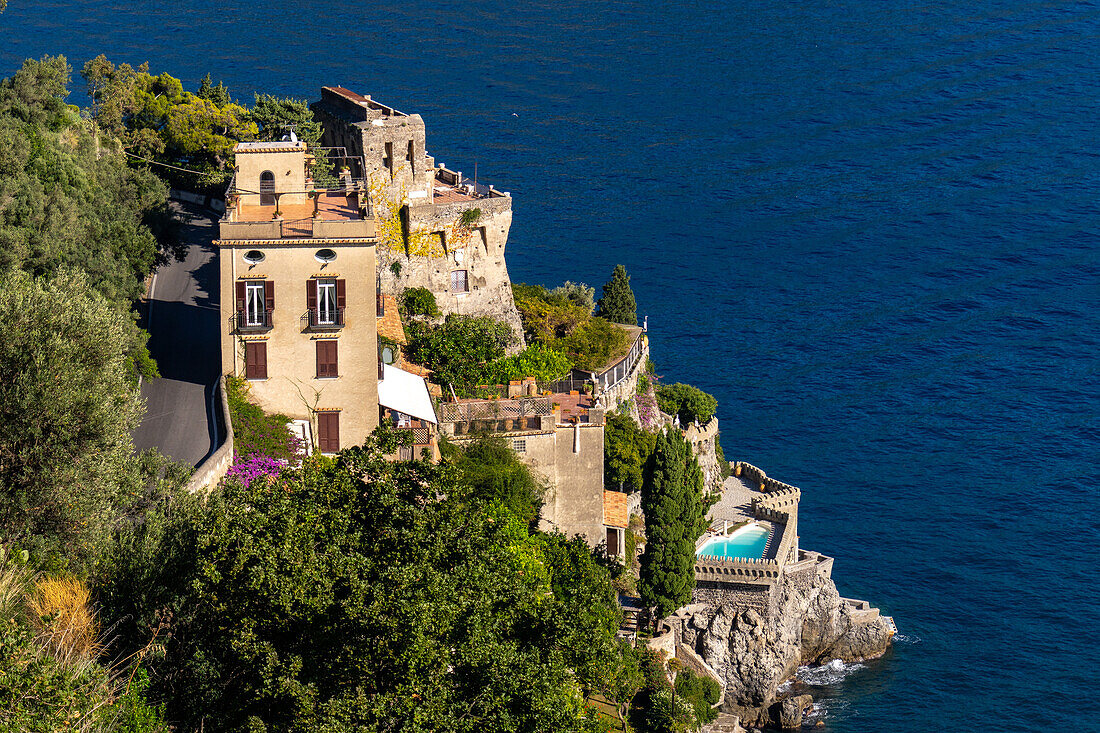 The Tower of Scarpiello, built in 1533 for protection from Saracen pirates in Marmorata, Italy. Now luxury vacation lodging.