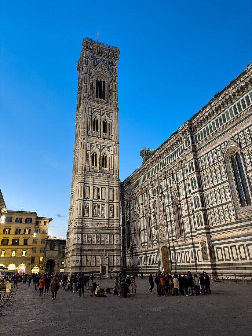 Detail of Giotto's Campanile or bell tower at the Duomo of Florence, Italy.