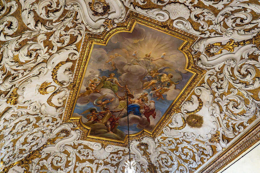 Fresco on the ornate carved coved ceiling of Room XI in the Palazzo Medici Riccardi, Florence, Italy. Entitled The Fine Arts Raised to Immortality by Anton Dominico Gabbiani.