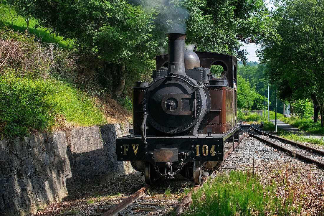 Azpeitia old steam train car in the Basque Railway Museum one of the most important of its kind in Europe. Railway history of Euskadi in Azpeitia, Gipuzkoa, Euskadi, Basque country, Spain.