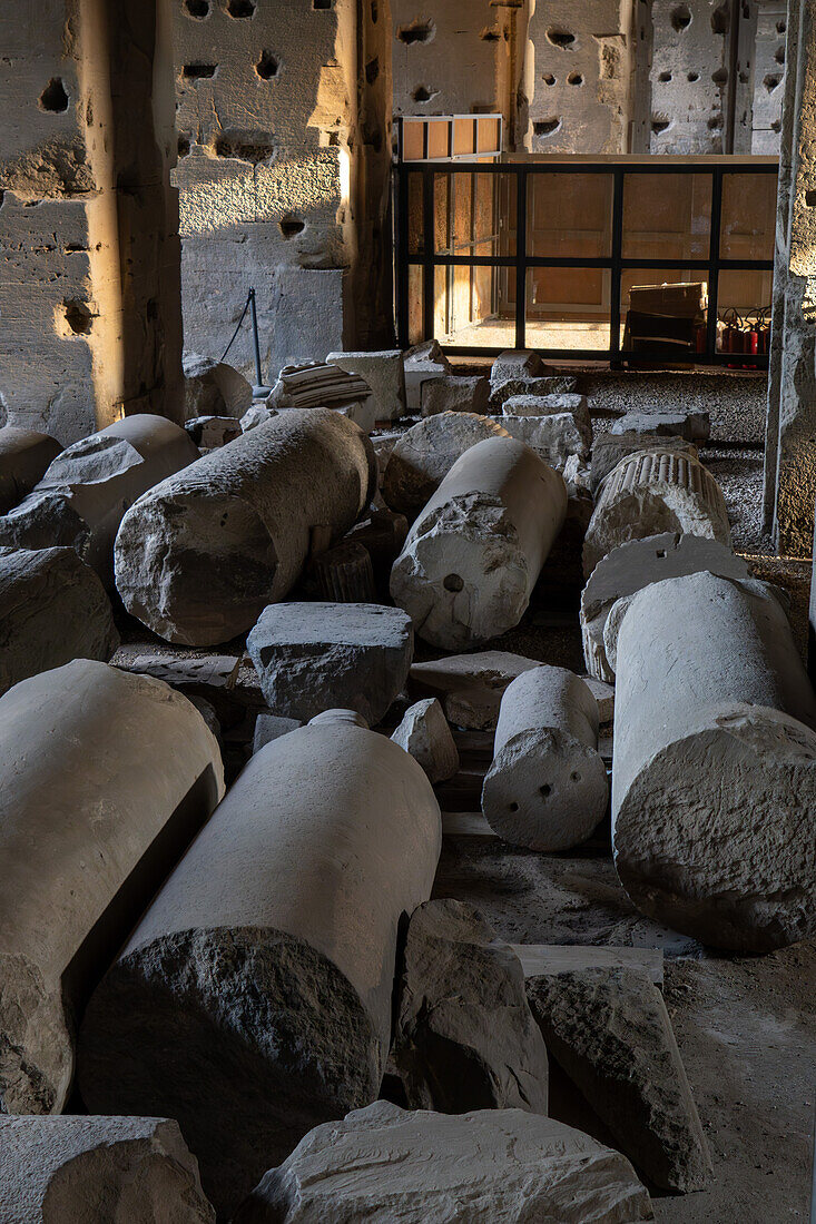 Broken pillars stored under the Colosseum in Rome, Italy.