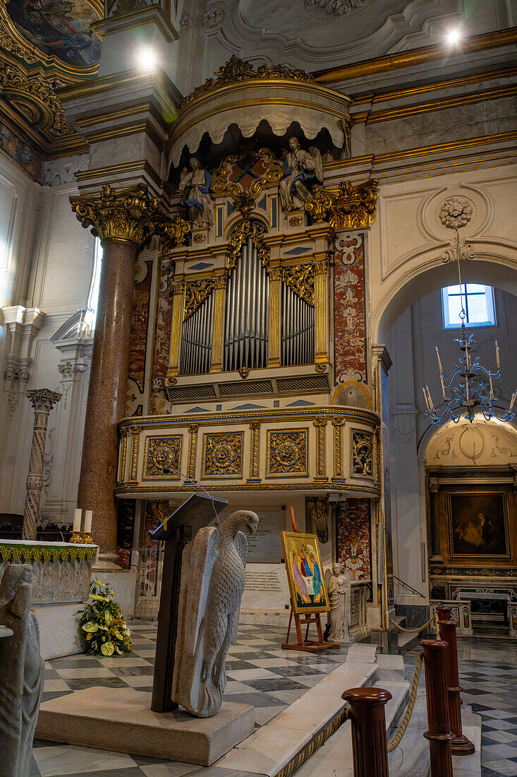 Organ pipes on the side of the nave of the Duomo of Amalfi, the Cathedral of St. Andrew, in Amalfi, Italy.