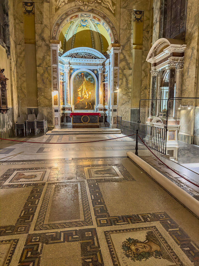 Altar in the Church of St. Paul of Three Fountains at the Abbey of the Three Fountains in Rome, Italy. The painting depicts the crucifixion of St. Peter.