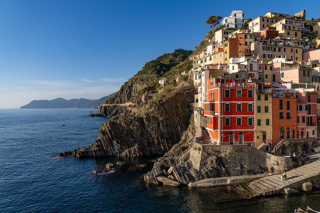 Colorful buildings overlooking the harbor and Lingurian Sea in Riomaggiore, Cinque Terre, Italy.