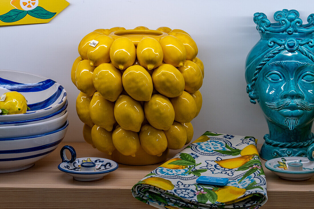 Ceramic souvenirs with a lemon motif in a tourist shop in Anacapri on the island of Capri, Italy.