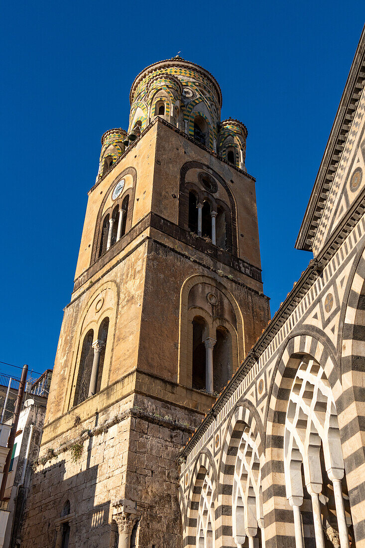 The 12th Century Arab-Norman-style bell tower of the Amalfi Duomo in Amalfi, Italy.