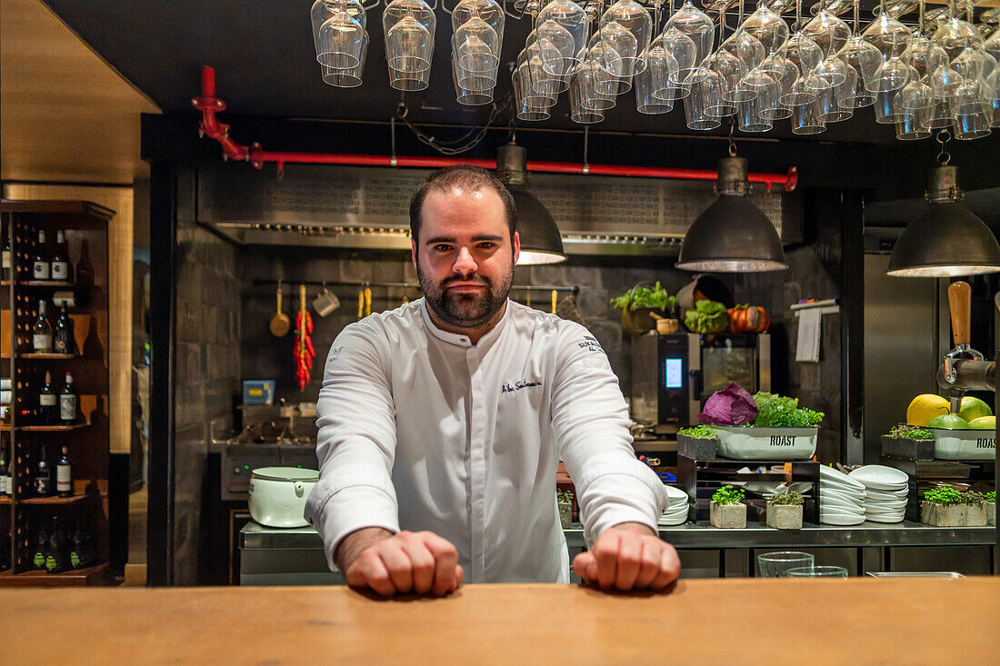 Portrait of Aitor Santamaria renowned Michelin starry chef of the Sukaldean Restaurant in San Sebastian Donostia Historic centre. Guipuzcoa. Basque Country. Spain. Europe