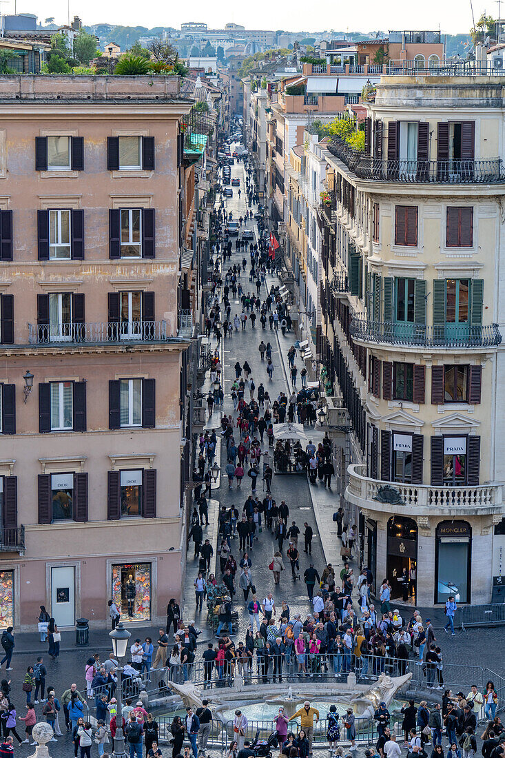 The Piazza di Spagna & the Via dei Condotti from the top of the Spanish Steps in Roma, Italy.