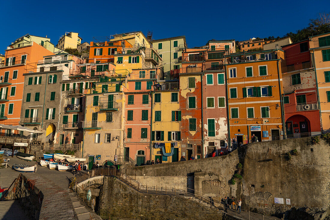 Colorful buildings overlooking the harbor in Riomaggiore, Cinque Terre, Italy.