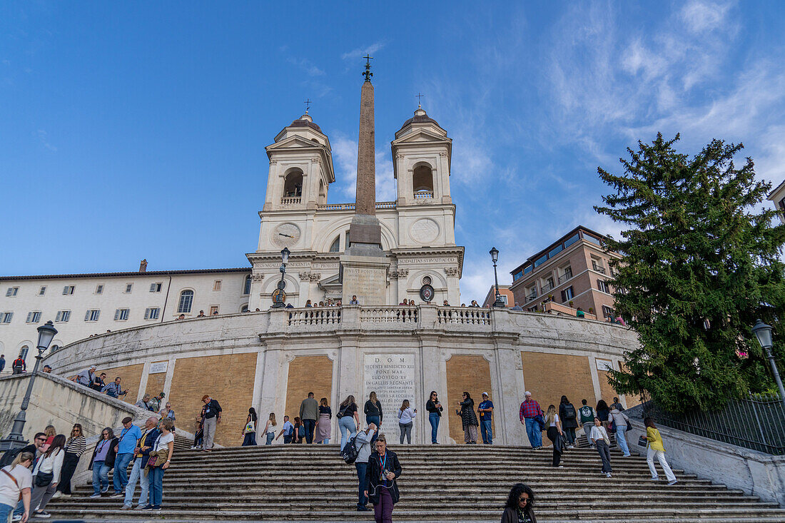 The Sallustiano Obelisk & Trinita dei Monti Church at the top of the Spanish Steps in Rome, Italy.