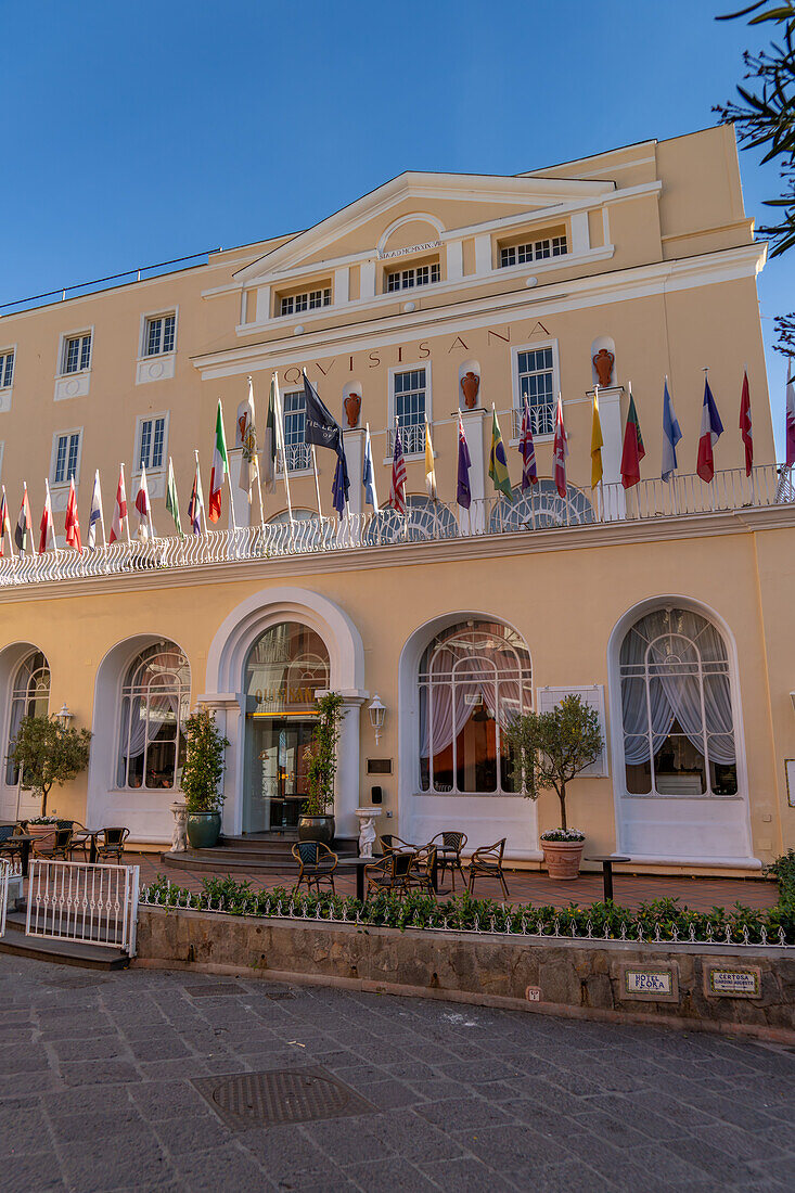 The facade of the luxury Grand Hotel Quisisana in the city of Capri on the island of Capri, Italy.