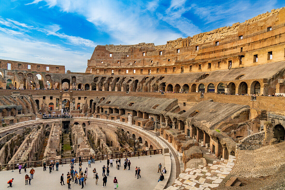 Interior of the Roman Colosseum or Flavian Amphitheater in Rome, Italy. The tunnels under the floor of the arena were called hypogeum.