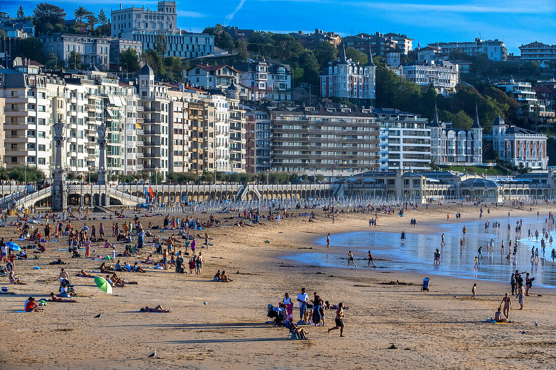 Landscape view over Playa de La Concha beach in San Sebastian, Gipuzkoa, Donostia San Sebastian city, north of Spain, Euskadi, Euskaerria, Spain.