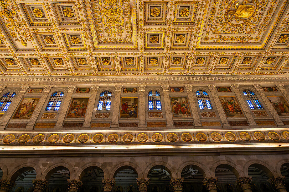 The ornate ceiling of the central nave of the Basilica of St. Paul Outside the Walls, Rome, Italy.