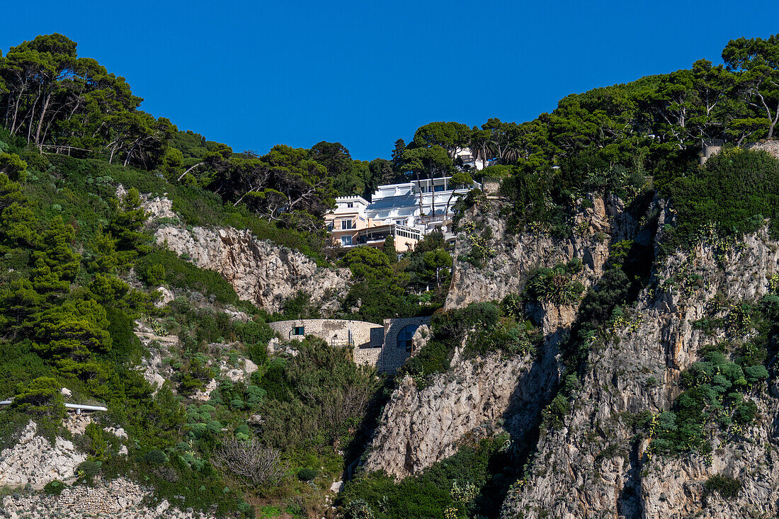 A luxury villa on the cliffs in the town of Capri on the island of Capri, Italy.