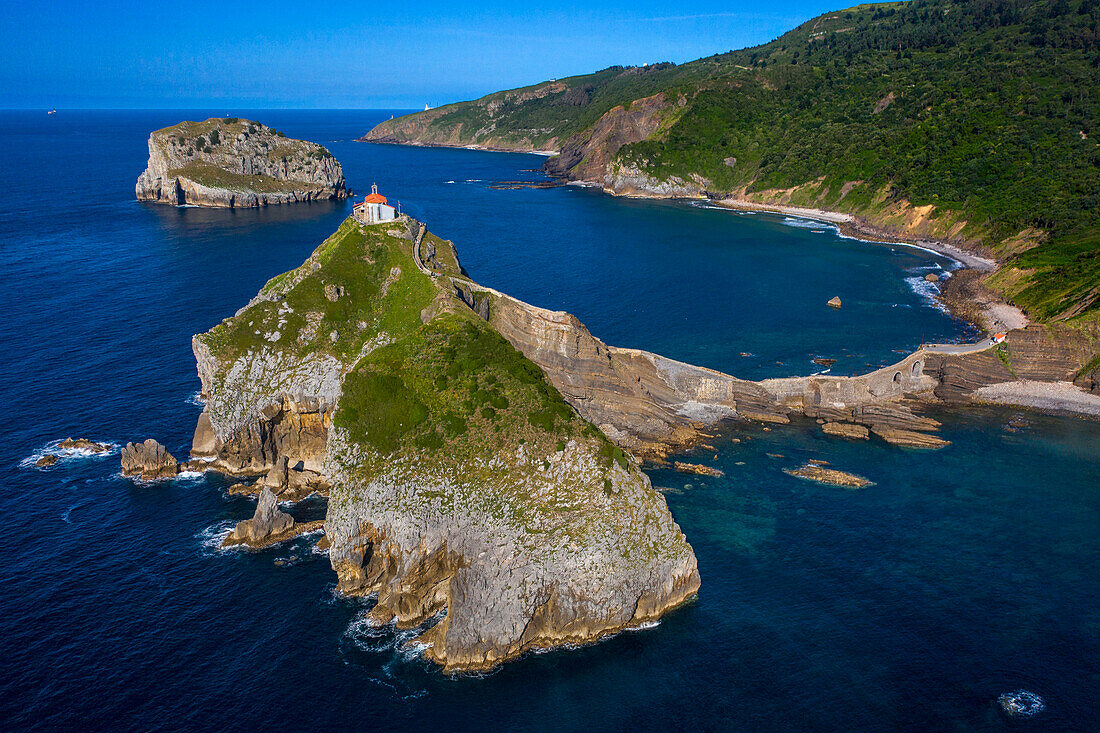 San Juan de Gaztelugatxe, Dragon-stone in Game of Thrones, bridge and stone stairs, Bermeo, Basque Country, Euskadi, Euskaerria, Spain.