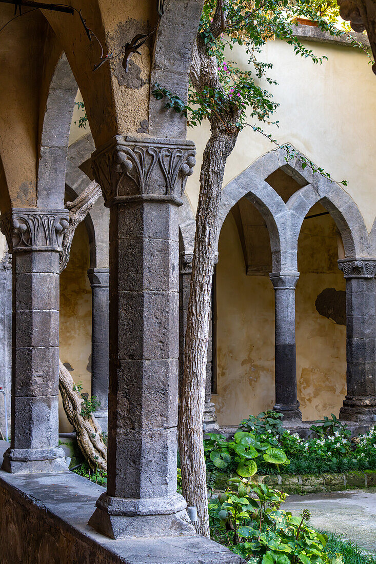 Der Kreuzgang von San Francesco aus dem 14. Jahrhundert im historischen Zentrum von Sorrent, Italien.