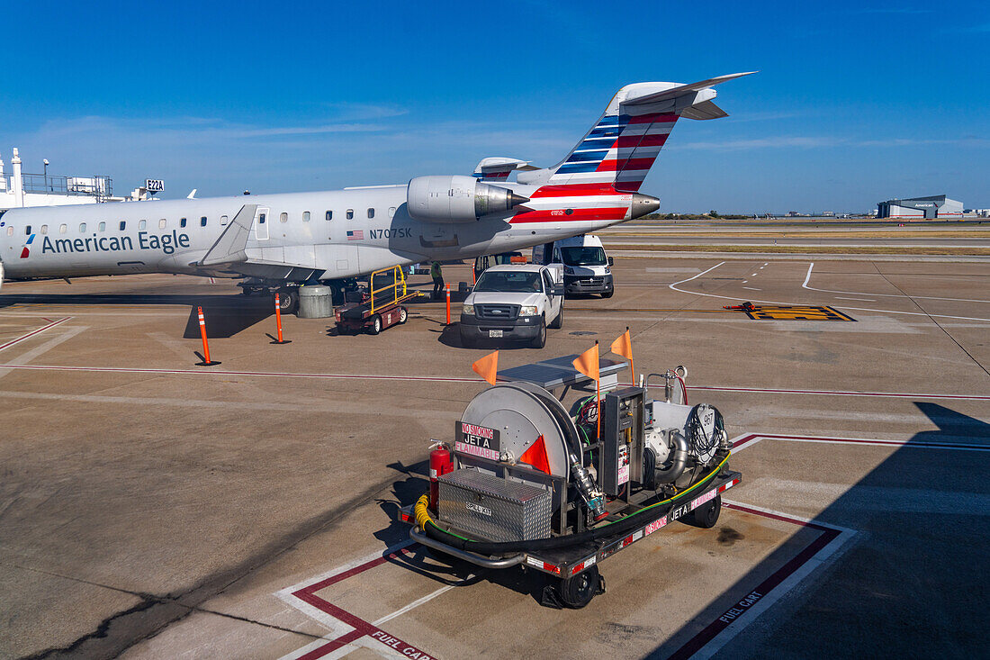 A hydrant refueling cart for refueling airliners at Dallas Fort Worth International Airport. Dallas, Texas.