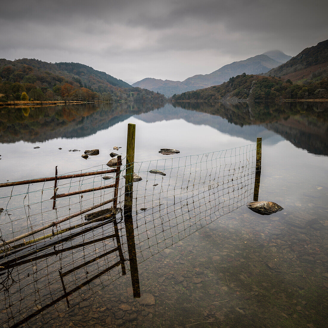 Fence and mountains reflected in Llyn Gwynant, Snowdonia National Park (Eryri), North Wales, United Kingdom