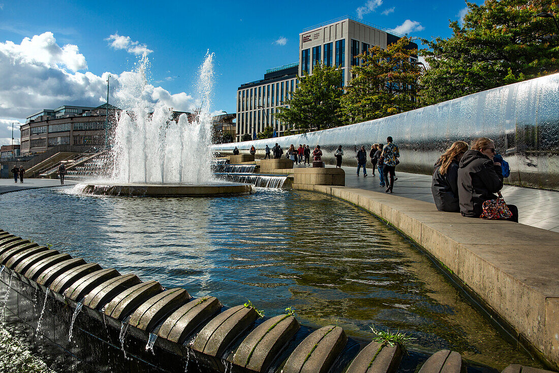 Cutting Edge steel wall and cascading water feature outside Sheffield railway station, Sheffield Gateway, Sheffield, Yorkshire, England