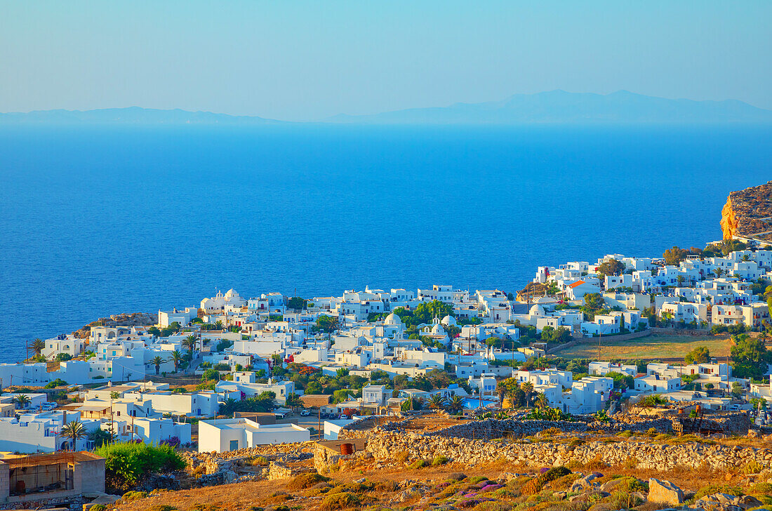 View of Chora village built on a cliff above the sea, Chora, Folegandros Island, Cyclades Islands, Greek Islands, Greece, Europe