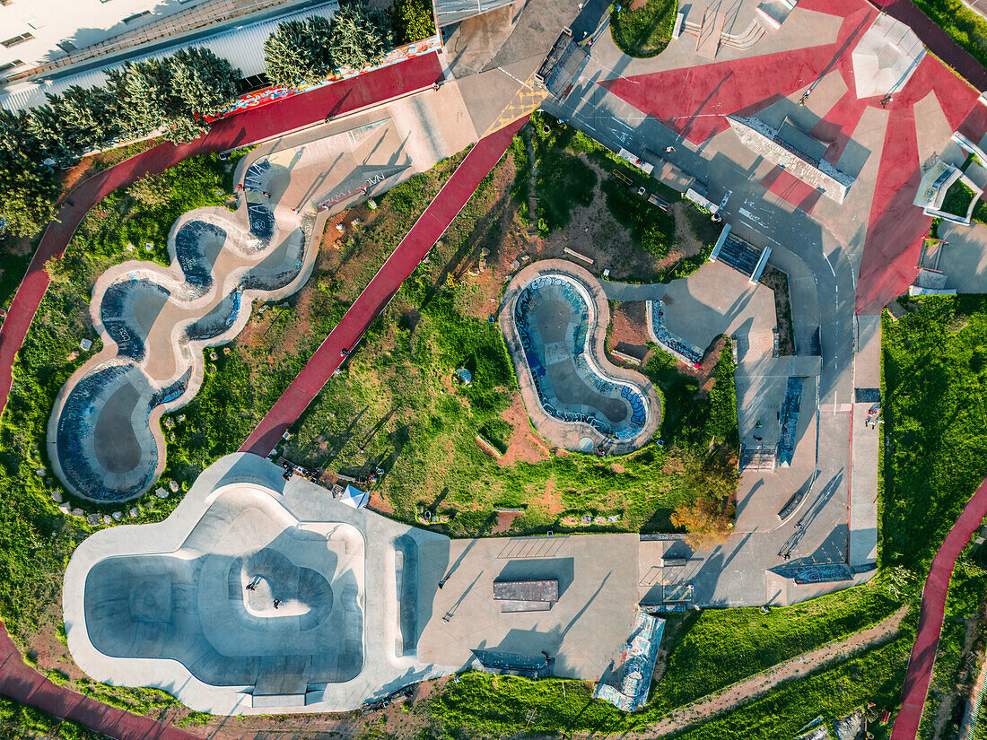 Aerial drone top down view of Parque das Geracoes, youth skateboard park, Sao Joao do Estoril, Portugal