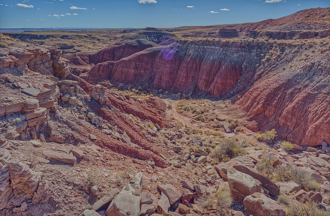 Ein Canyon, der in den Dead Wash mündet, Petrified Forest National Park, Arizona, Vereinigte Staaten von Amerika