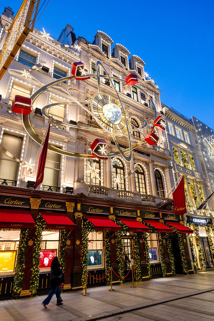 Cartier London New Bond Street Shop with Christmas Decorations at dusk, London, England, United Kingdom