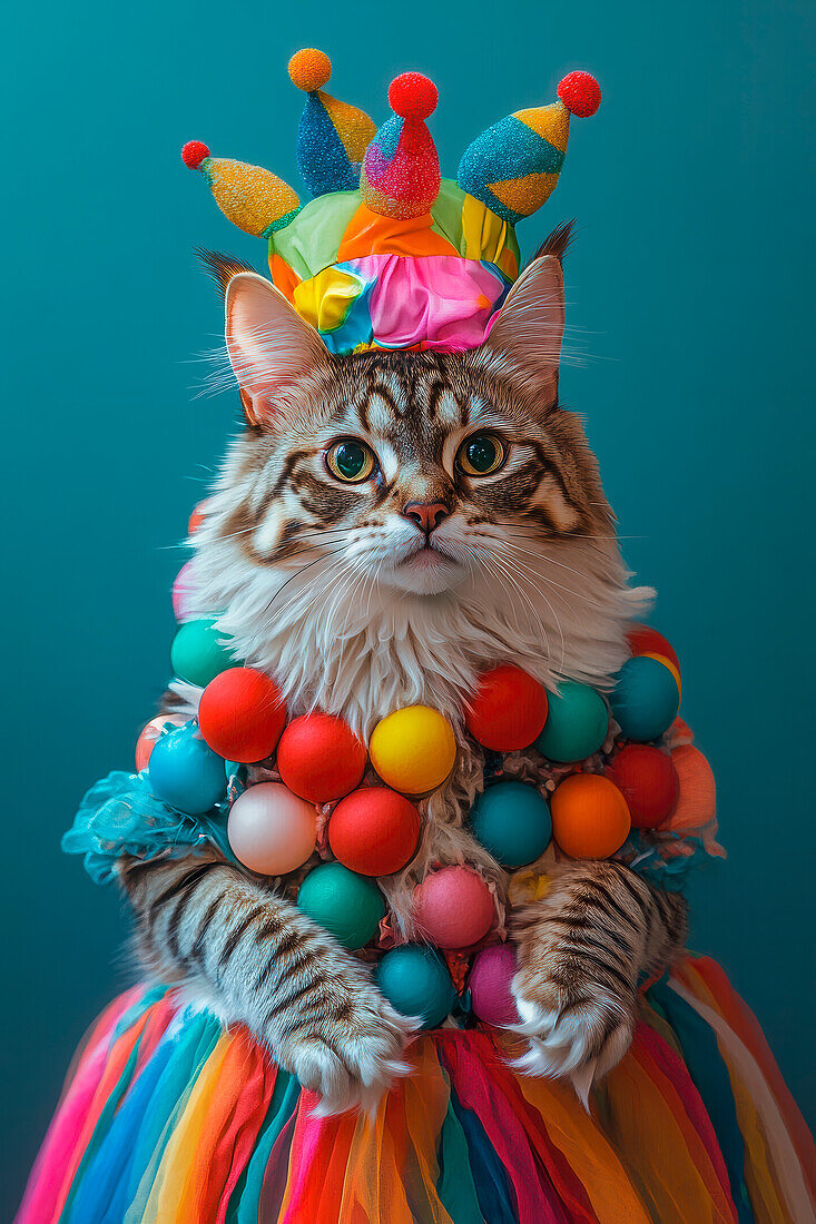 AI generated image of Bengal cat dressed in colorful carnival clothing