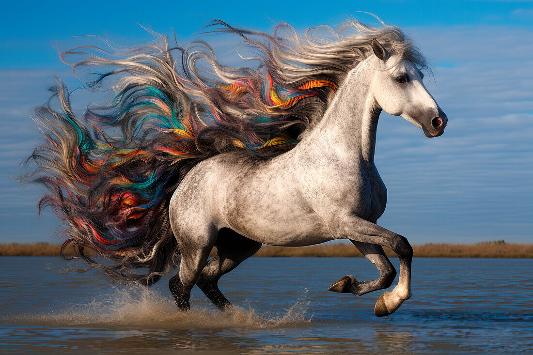 AI generated image of White horse with a flamboyant mane galloping in the water