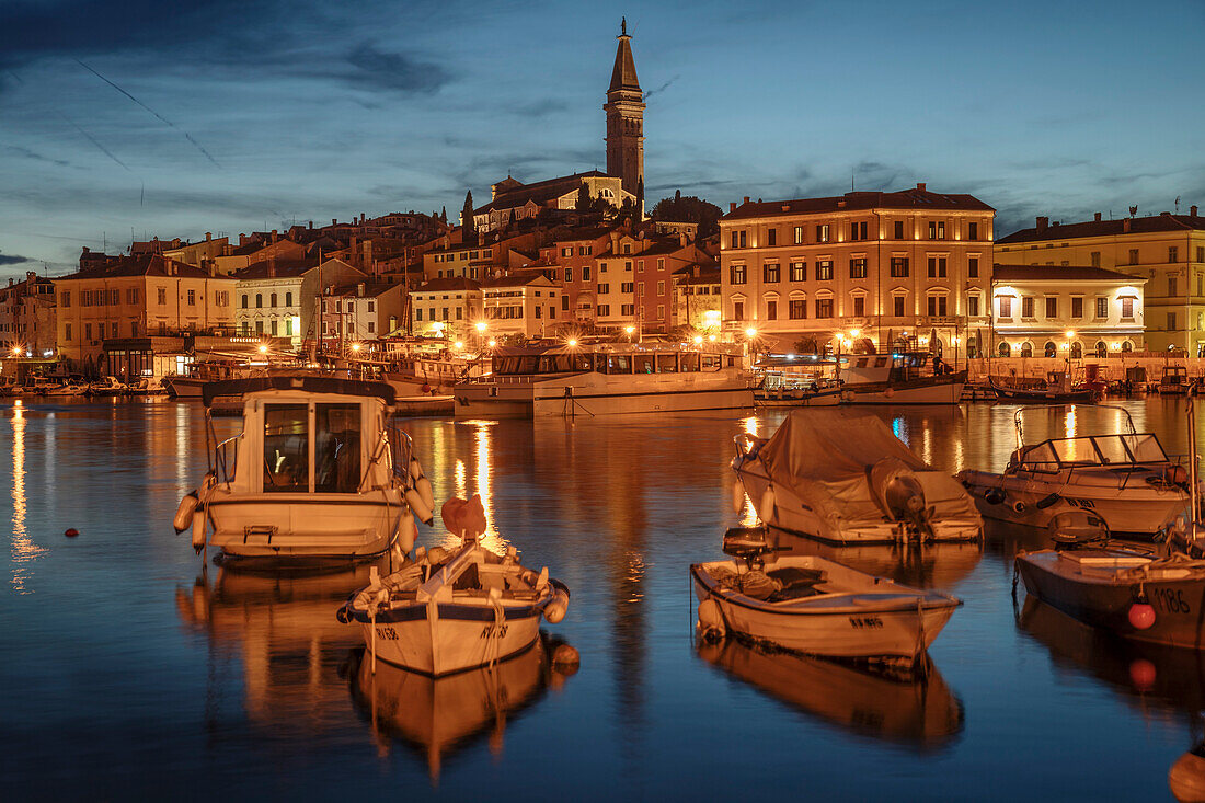 View over the harbour to the old town with Cathedral of St. Euphemia, Rovinj, Istria, Croatia