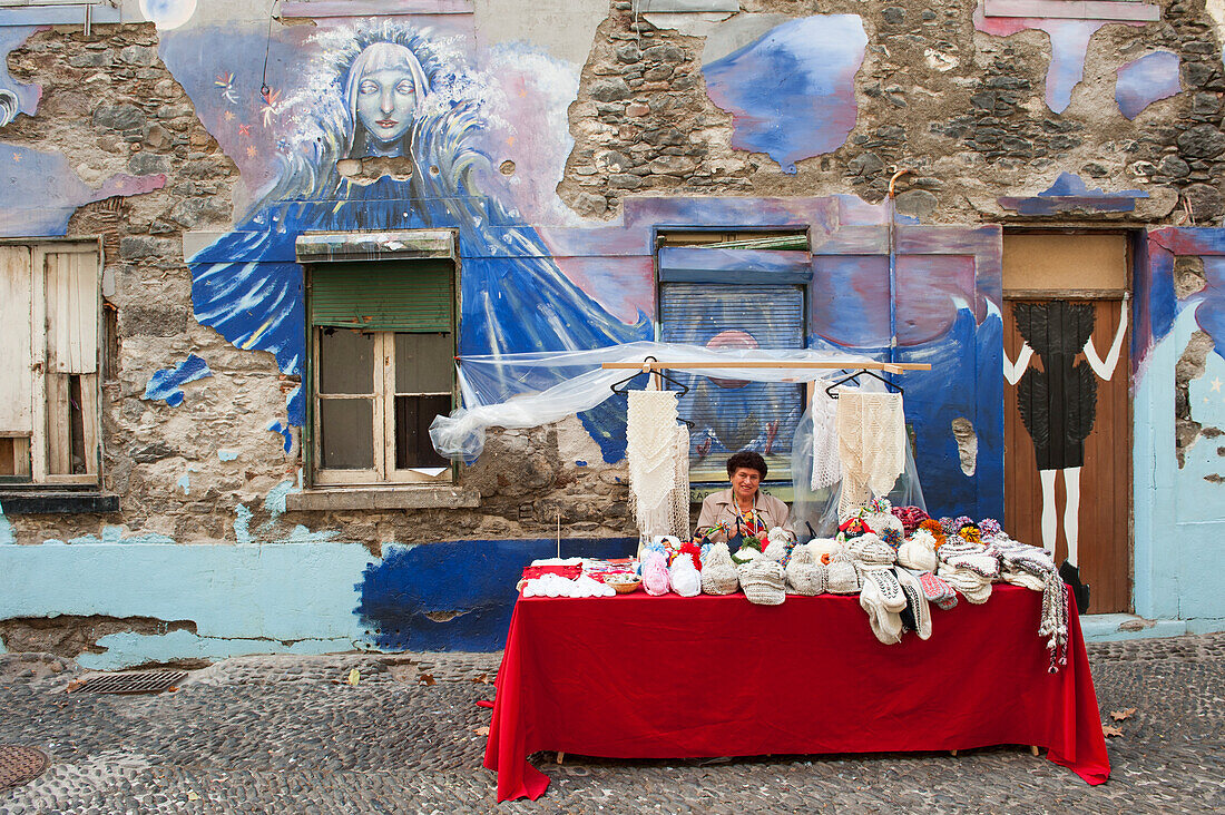 Knitting stand in a street of the old town, Funchal, Madeira island, Atlantic Ocean, Portugal