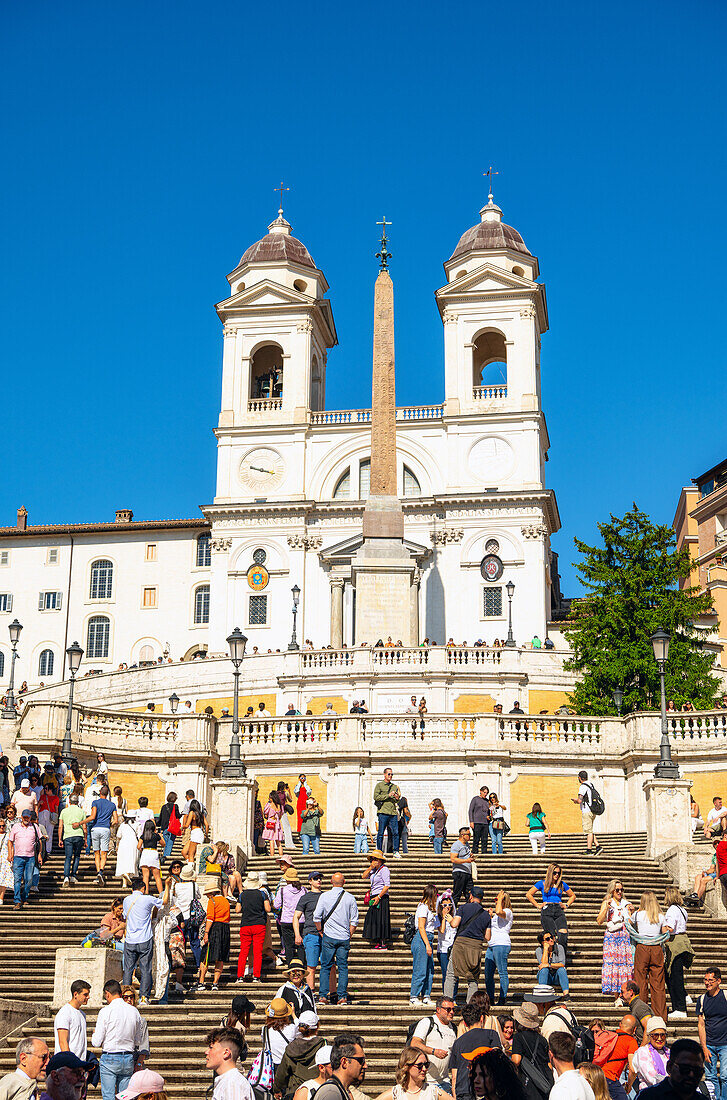 The Spanish Steps leading to the Trinita dei Monti church, as seen from Piazza di Spagna, Rome, Lazio, Italy