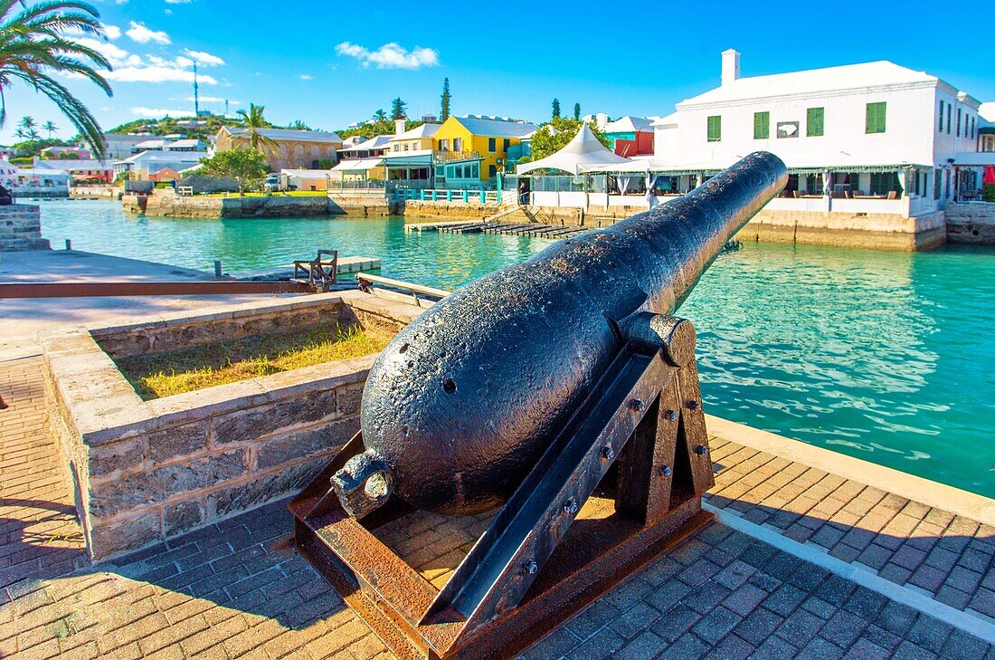 Historic cannon preserved on the waterfront at St. George, the original capital of Bermuda.