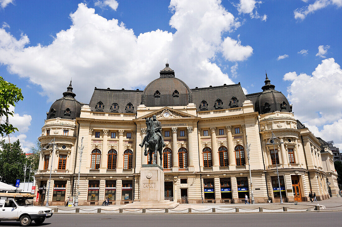 Central University Library of Bucharest and equestrian statue of Carol I, Revolution Square, Bucharest, Romania