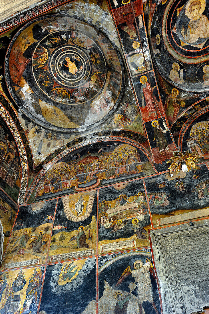 Frescoes on the porch of Kretzulescu Orthodox Church on Calea Victoriei at one of the corners of Revolution Square, Bucharest, Romania