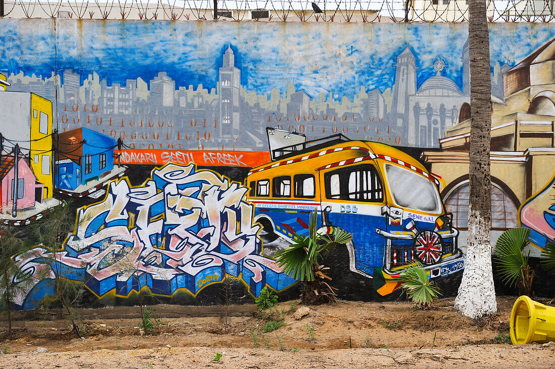 Collective mural painting in Medina district, Dakar, Senegal, West Africa