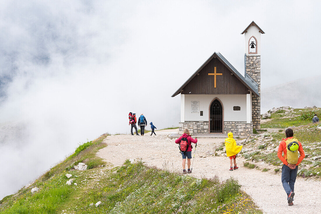 Cappella degli Alpini in the fog, Three Peaks Nature Park, Dolomites, South Tyrol (Alto Adige), Italy